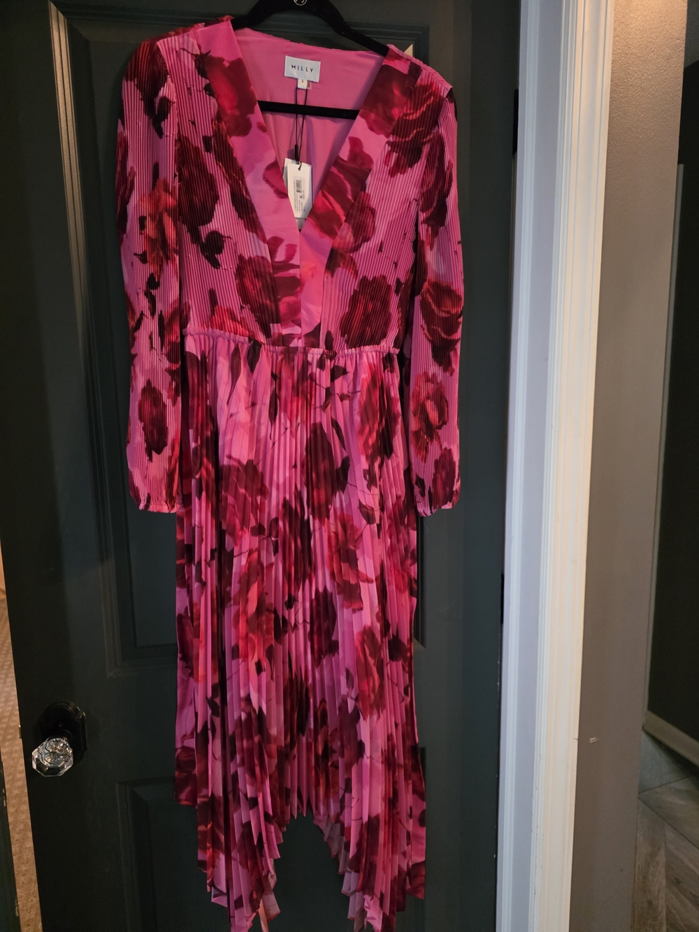Milly Fuchsia Pink Floral Pleated V-Neck Midi Dress